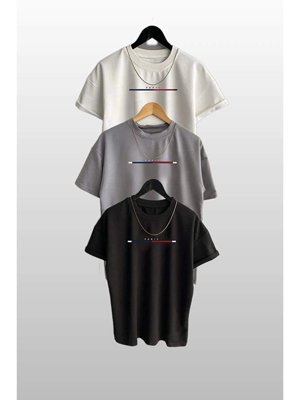 Kadın Bisiklet Yaka Paris Baskılı Siyah Beyaz Gri 3 lü Tişört