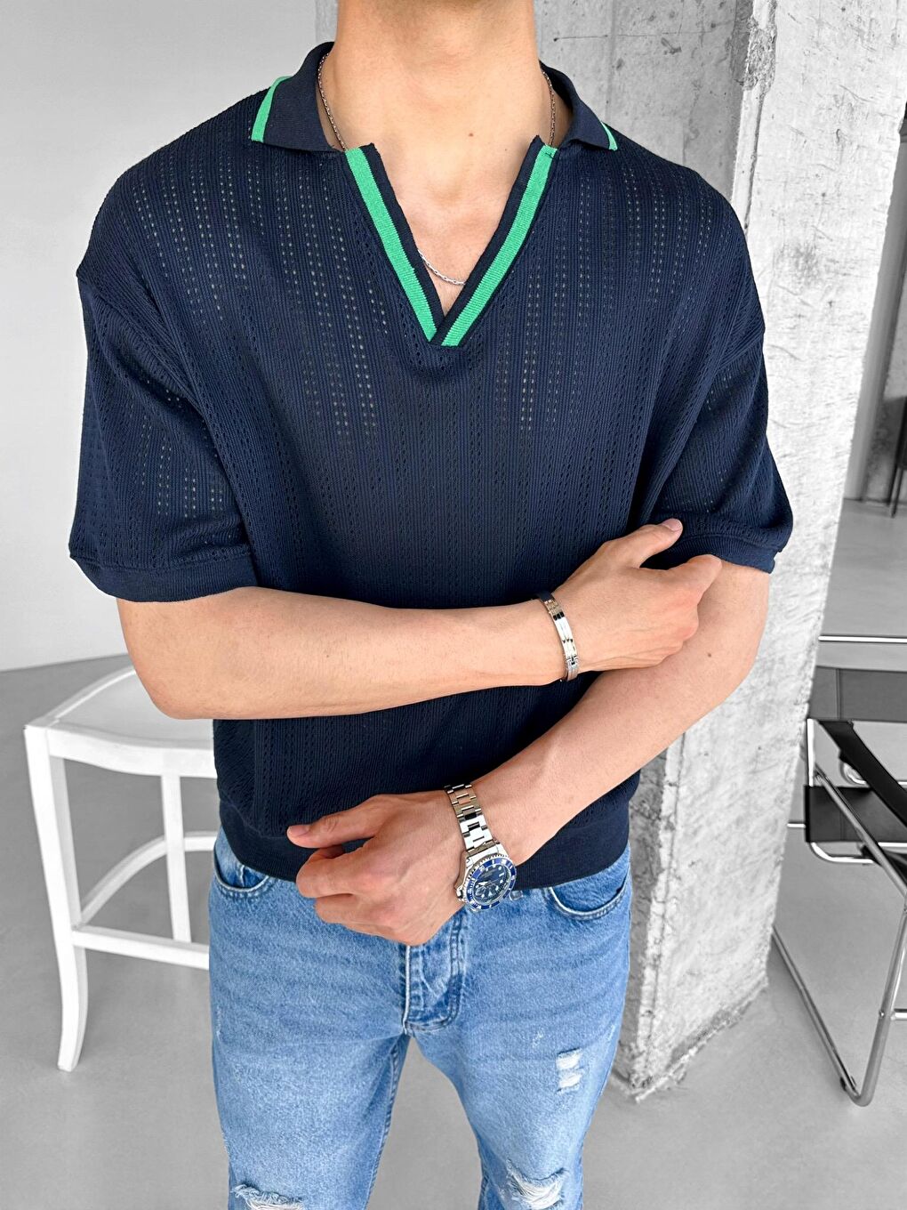 Erkek Yarım Pat Polo V Yaka Desenli Triko T-Shirt Lacivert Yeşil-2