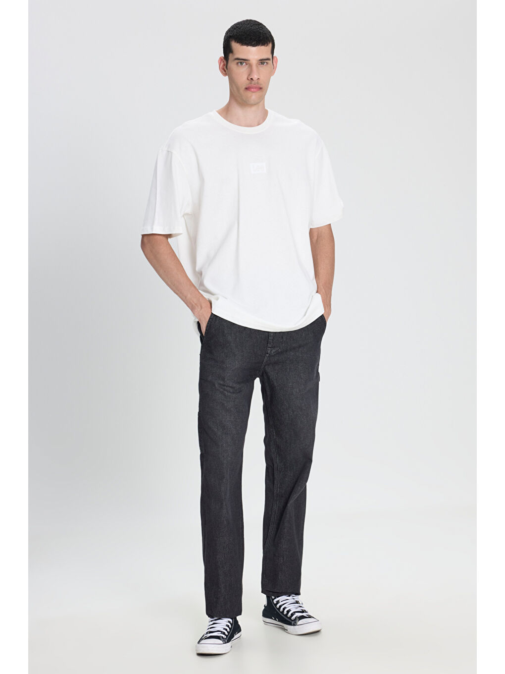 Siyah Carpenter Fit %100 Pamuk Düşük Bel Geniş Paça Jean Pantolon-1