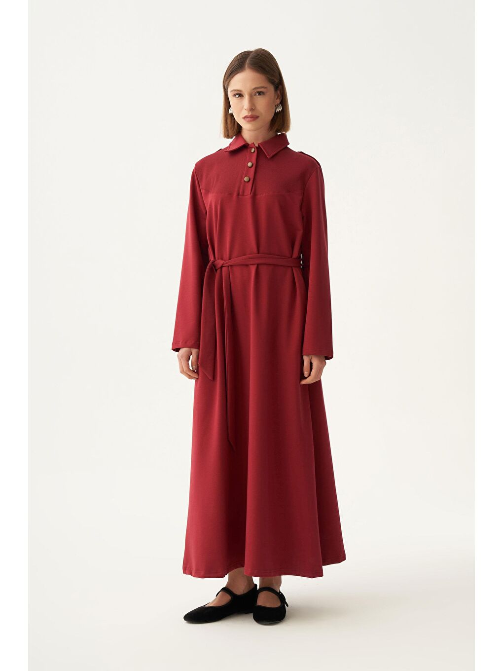 Bordo-Pamuklu Gömlek Yaka Apoletli Elbise