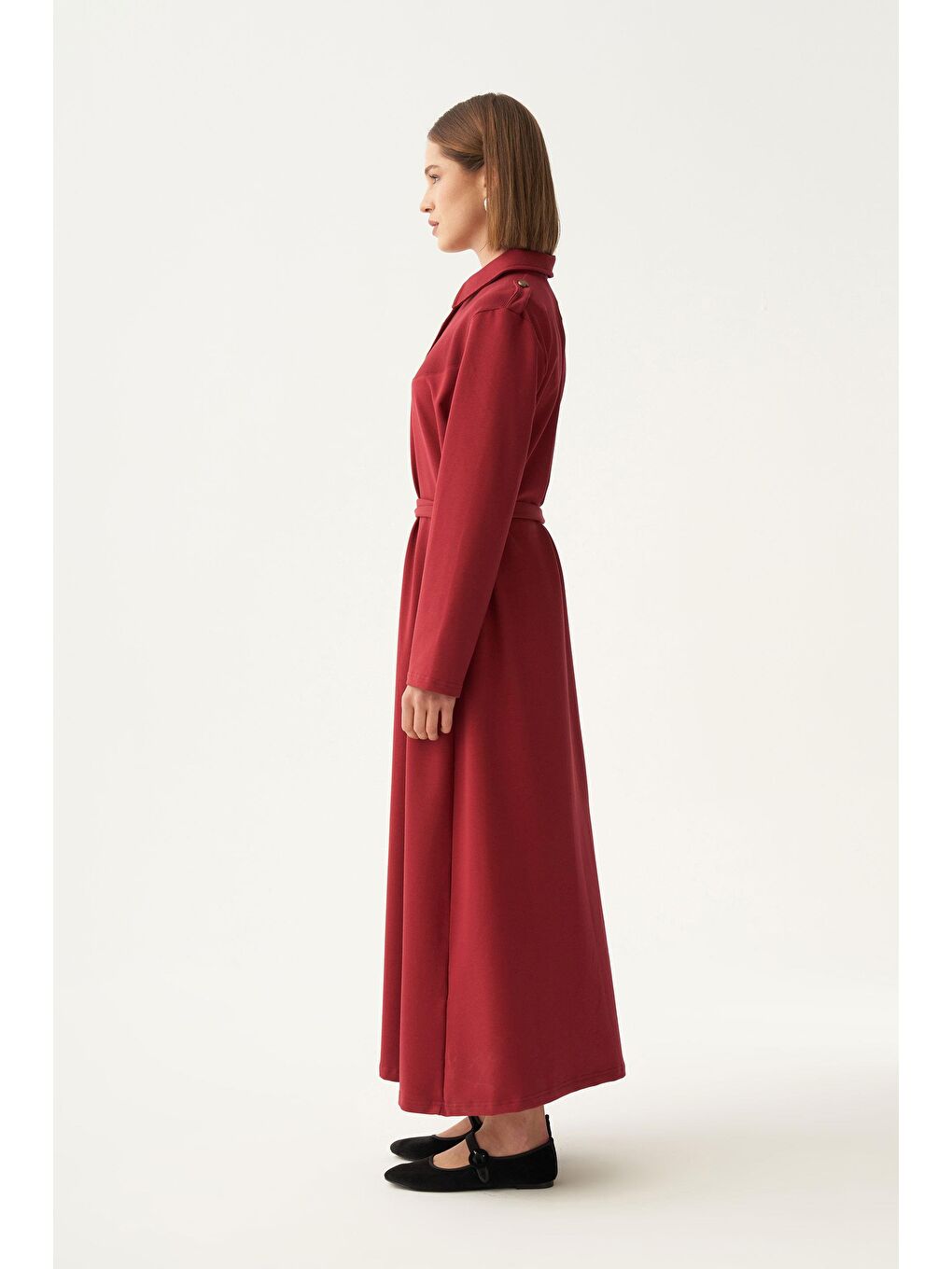 Bordo-Pamuklu Gömlek Yaka Apoletli Elbise-1