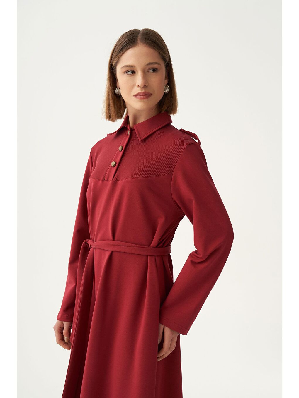 Bordo-Pamuklu Gömlek Yaka Apoletli Elbise-2