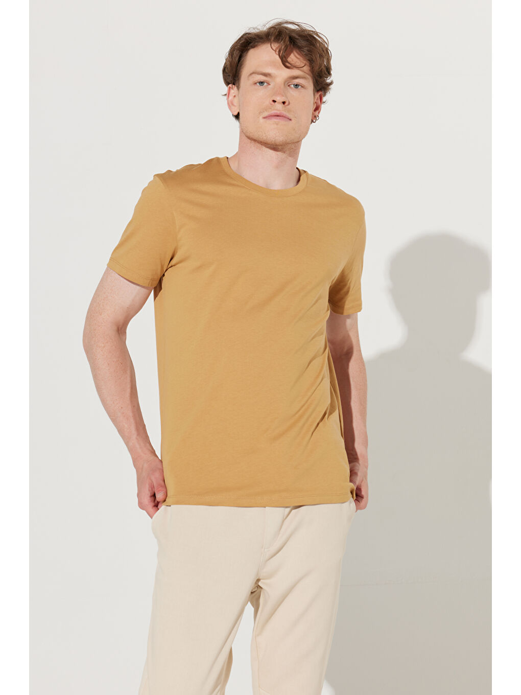 Sarı Erkek Hardal Slim Fit Dar Kesim %100 Pamuk Bisiklet Yaka Kısa Kollu Tişört-7