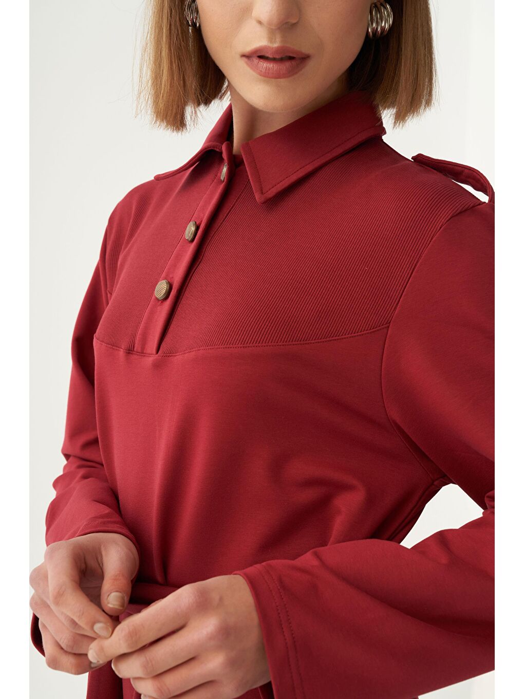 Bordo-Pamuklu Gömlek Yaka Apoletli Elbise-4