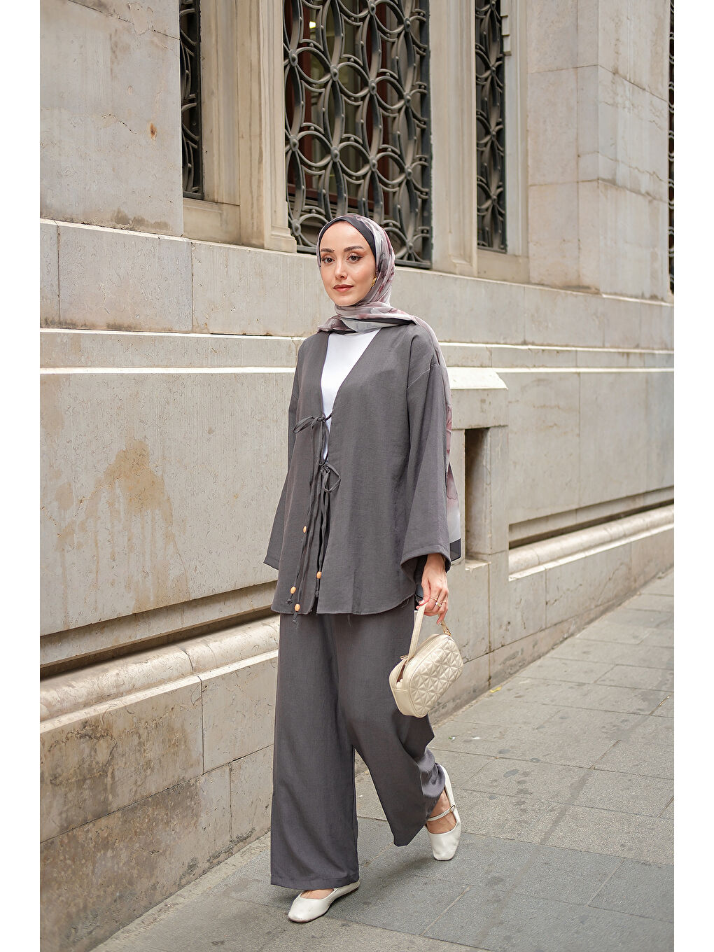 Kadın Ön Bağlama Detaylı Takım Antrasit-2