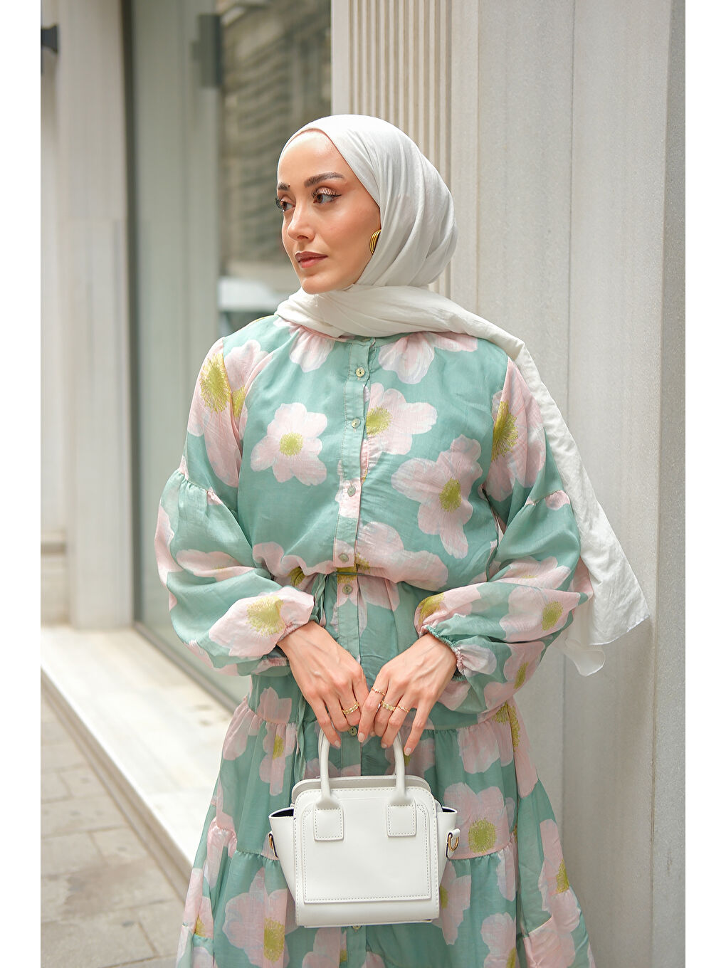 Kadın Soyut Çiçek Desen Elbise Yeşil-1