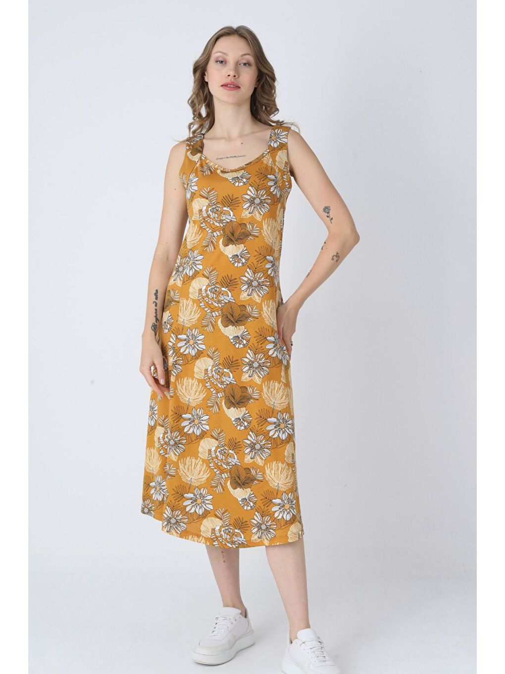 Turuncu Desenli Pamuklu Yazlık Cepli Kadın Elbise-1