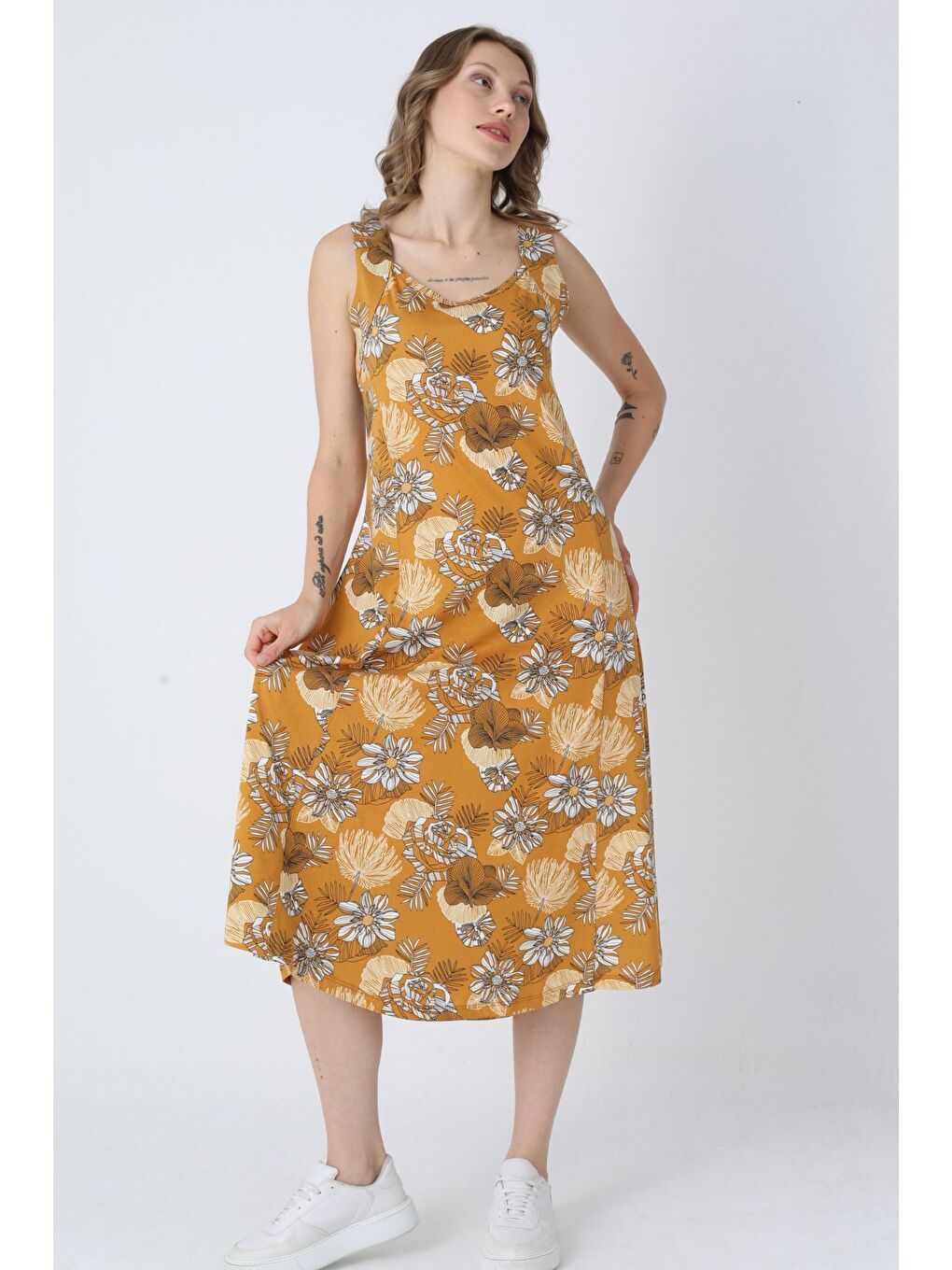 Turuncu Desenli Pamuklu Yazlık Cepli Kadın Elbise-4
