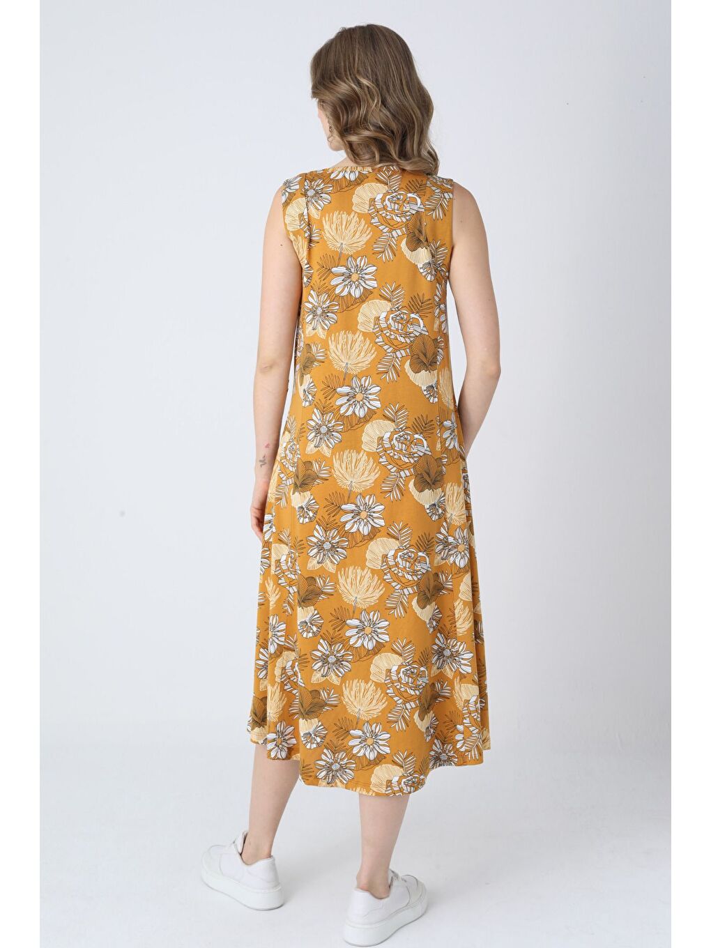Turuncu Desenli Pamuklu Yazlık Cepli Kadın Elbise-5