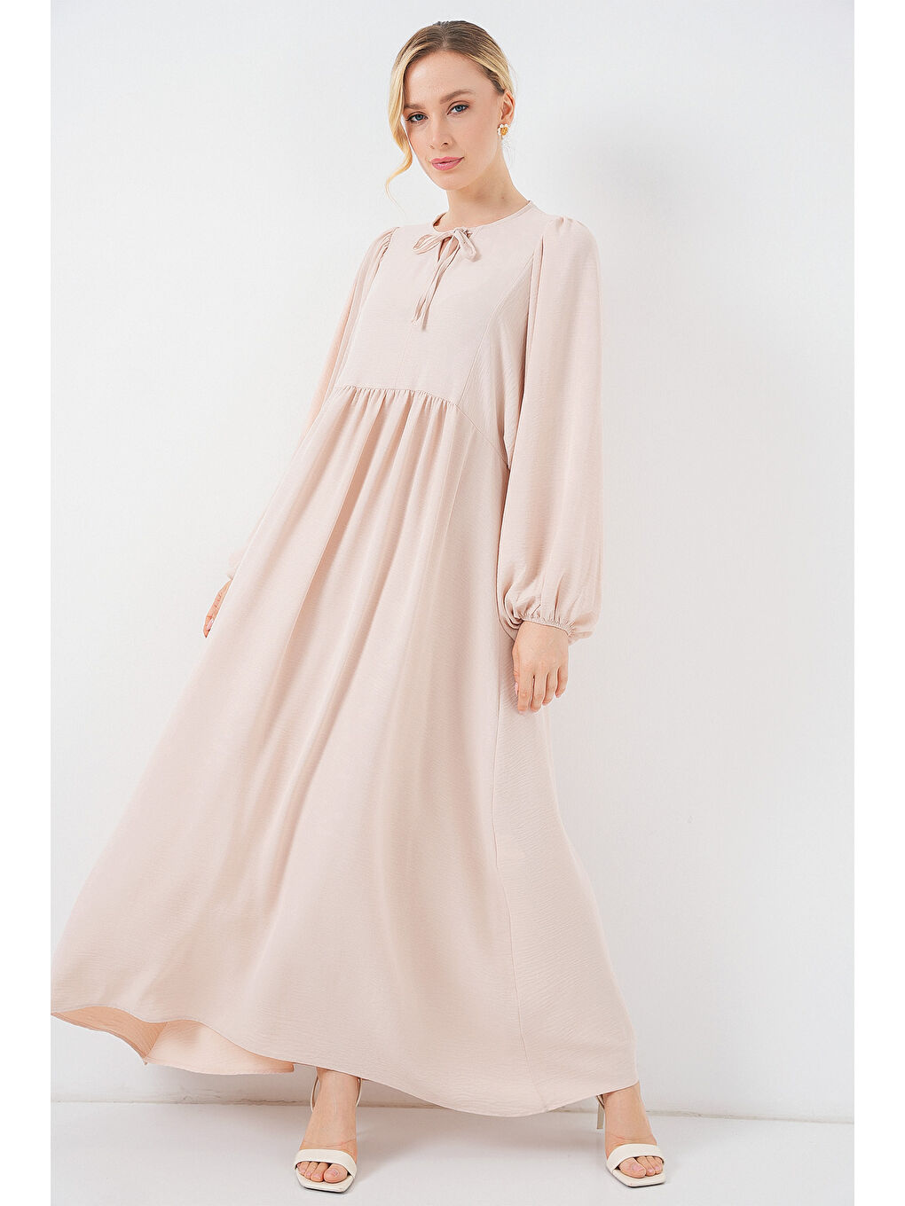 Ekru Kadın Balon Kol Uzun Tesettür Elbise 2464 - Krem