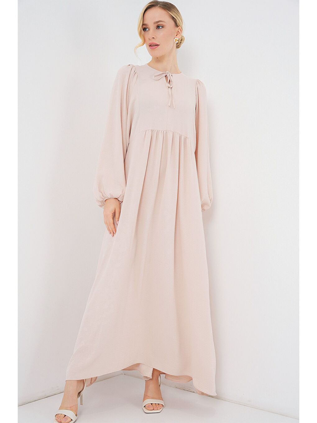 Ekru Kadın Balon Kol Uzun Tesettür Elbise 2464 - Krem-1