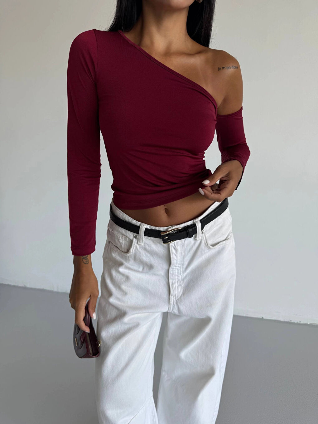 Kadın Bordo Asimetrik Yaka Drapeli Sandy Bluz HZL25S-FRY123361-2