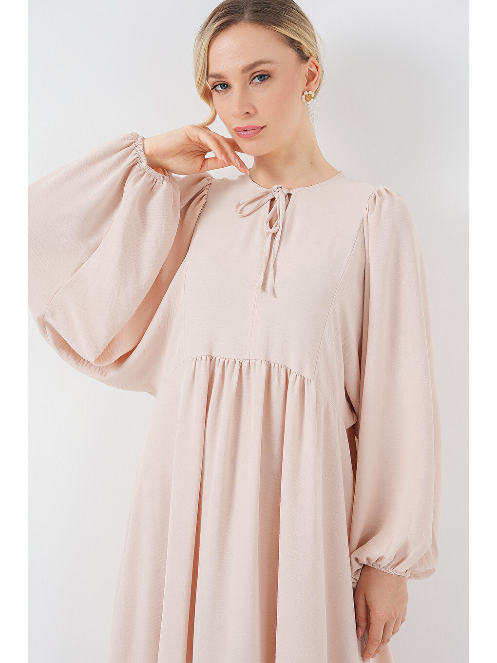 Ekru Kadın Balon Kol Uzun Tesettür Elbise 2464 - Krem-3