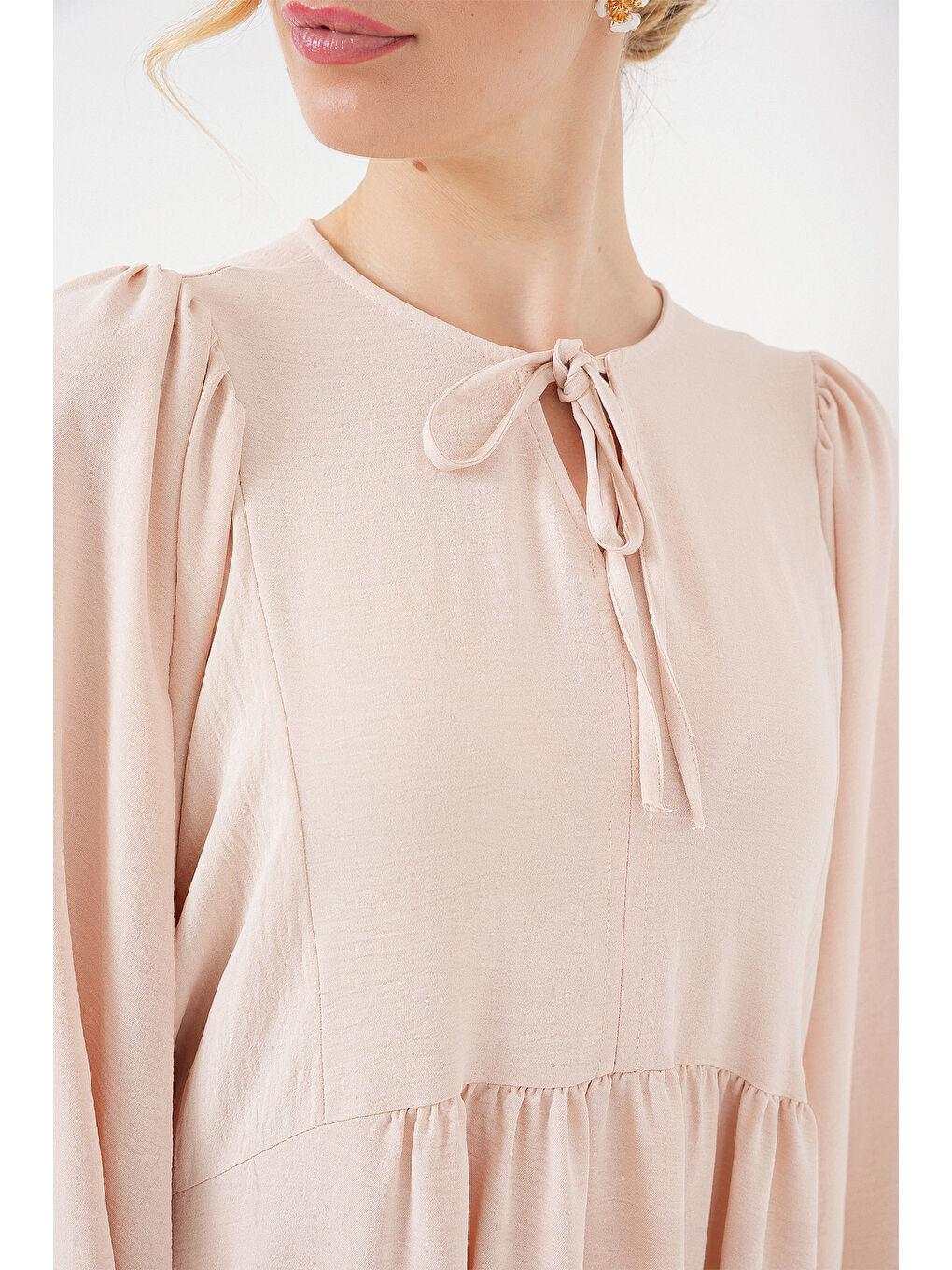 Ekru Kadın Balon Kol Uzun Tesettür Elbise 2464 - Krem-4