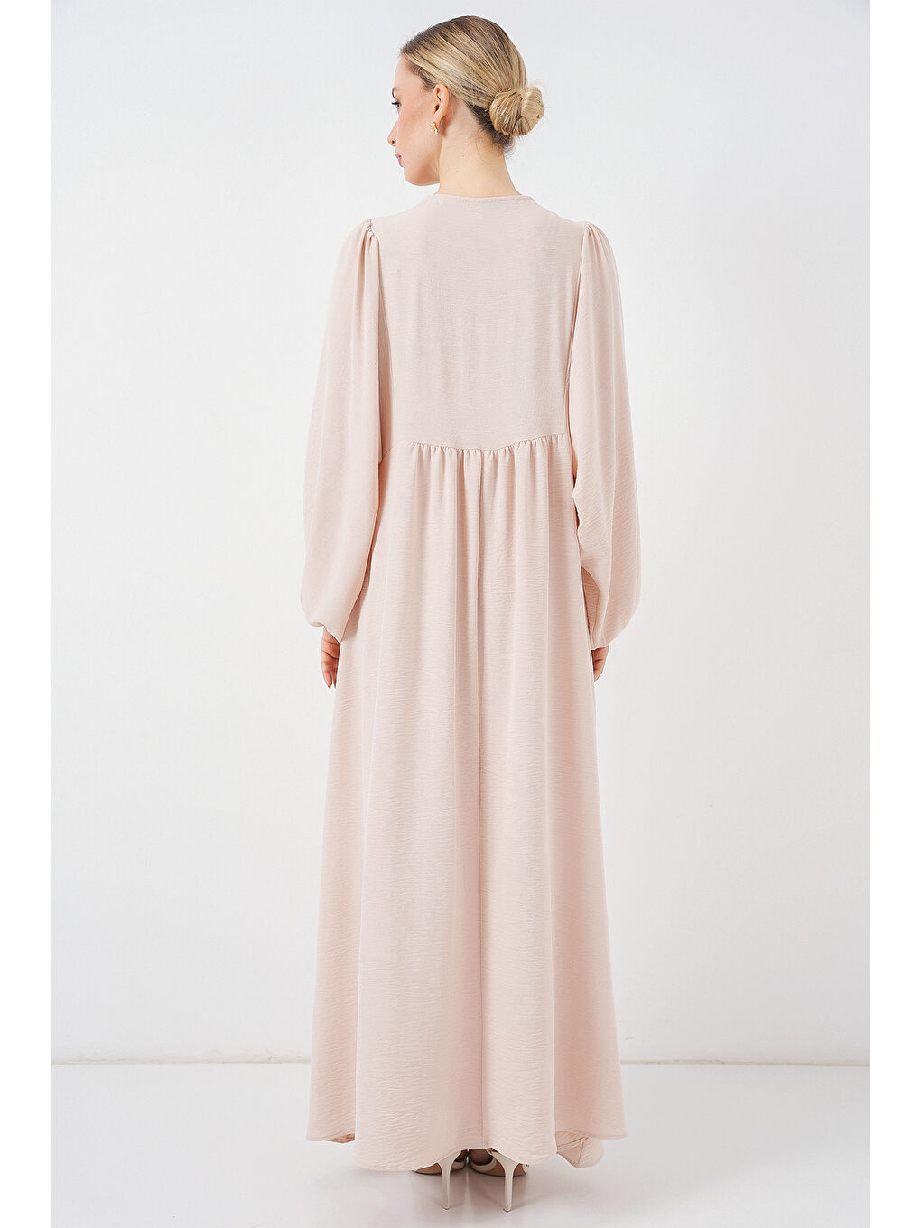 Ekru Kadın Balon Kol Uzun Tesettür Elbise 2464 - Krem-5