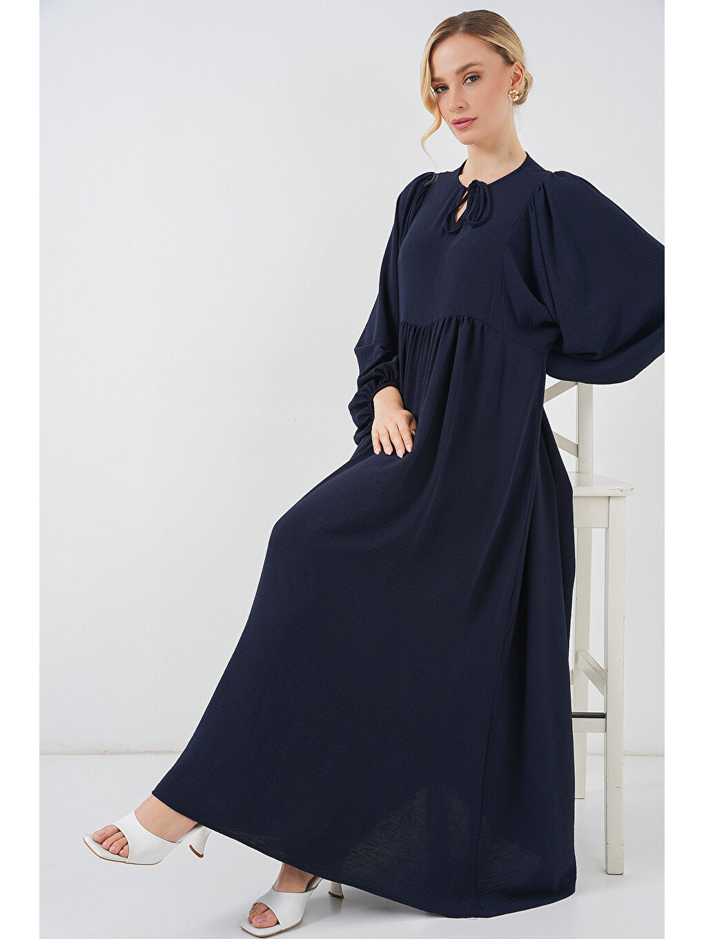 Kadın Balon Kol Uzun Tesettür Elbise 2464 - F.Lacivert-2