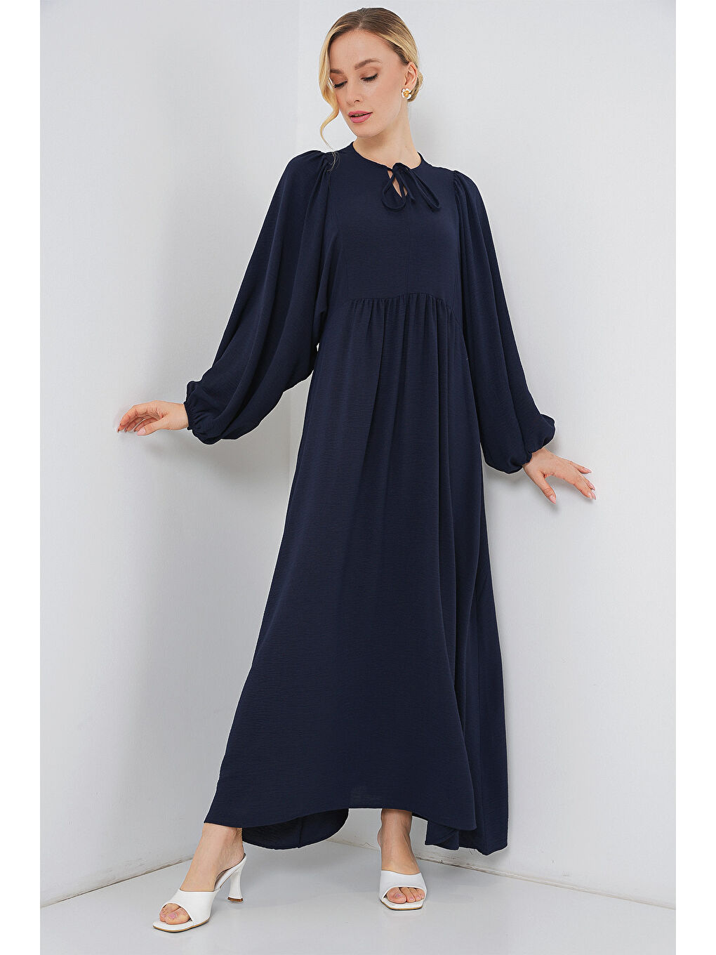 Kadın Balon Kol Uzun Tesettür Elbise 2464 - F.Lacivert-3