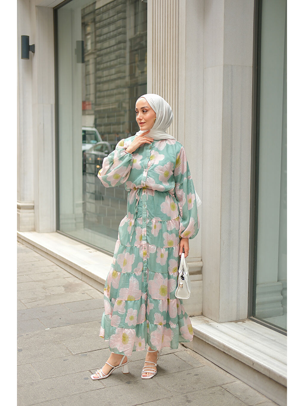 Kadın Soyut Çiçek Desen Elbise Yeşil-2