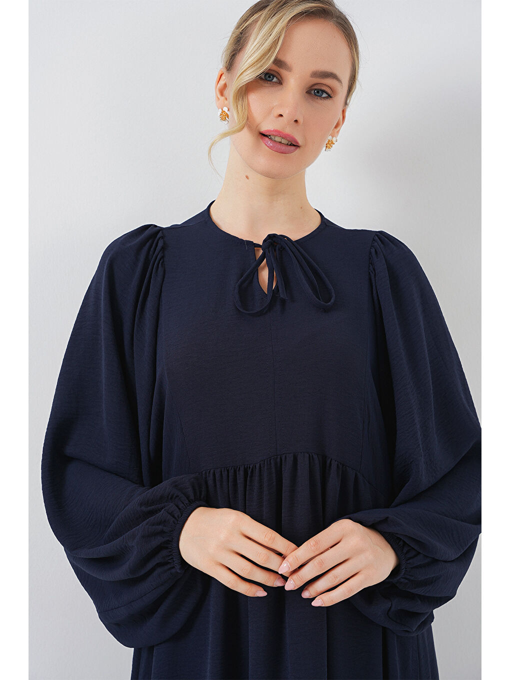 Kadın Balon Kol Uzun Tesettür Elbise 2464 - F.Lacivert-4