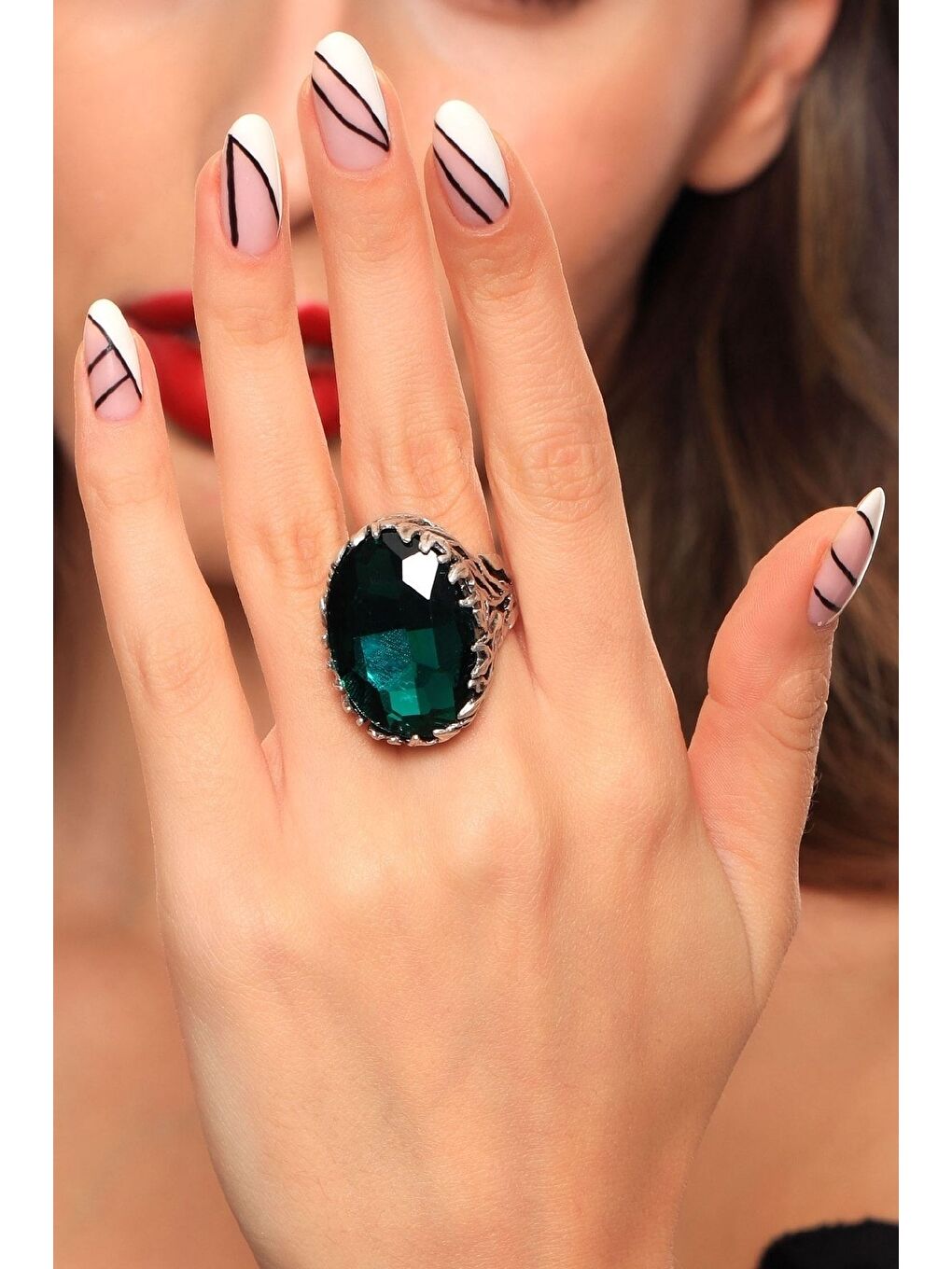 Yeşil Kadın Antik Gümüş Kaplama Kristal Kesme Taş Detaylı Ayarlanabilir Tasarım Yüzük-3