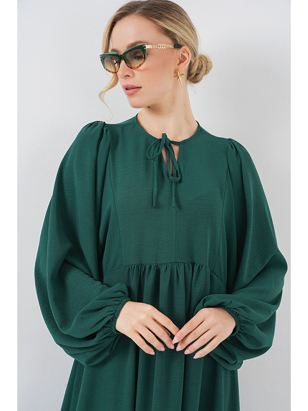 Kadın Balon Kol Uzun Tesettür Elbise 2464 - Zümrüt Yeşili-3