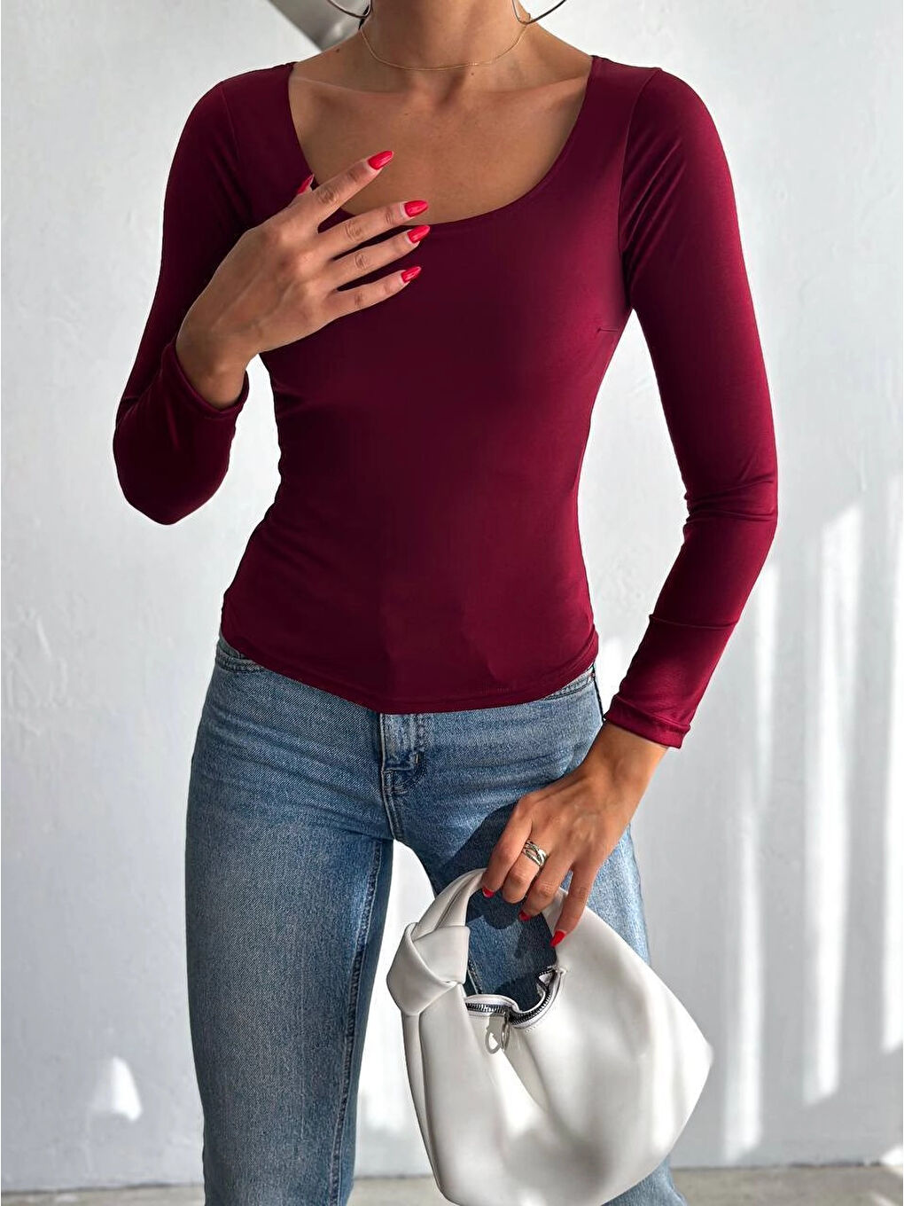 Kadın Bordo U Yaka Uzun Kollu Sandy Bluz HZL25S-FRY122471-1