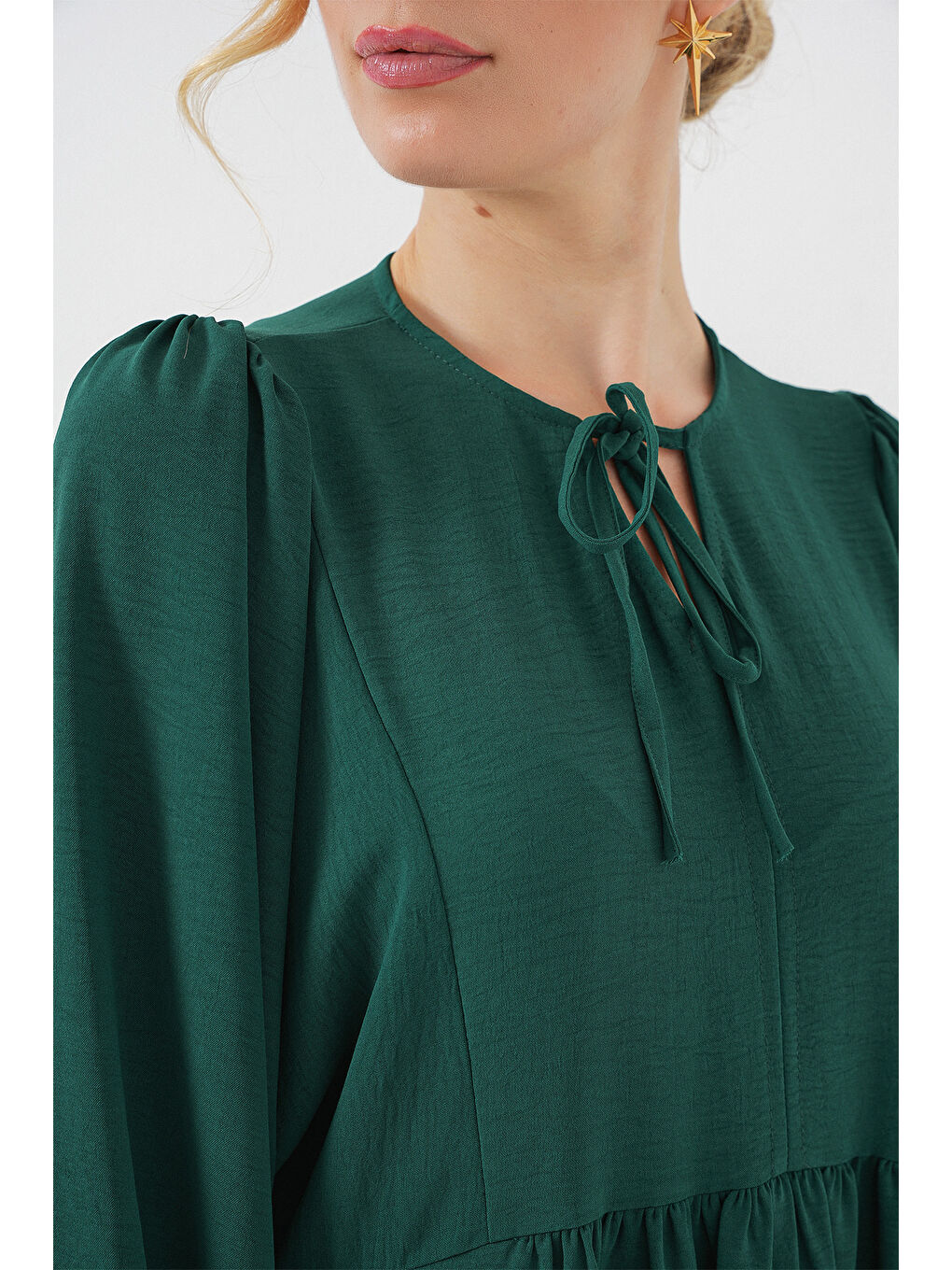 Kadın Balon Kol Uzun Tesettür Elbise 2464 - Zümrüt Yeşili-4