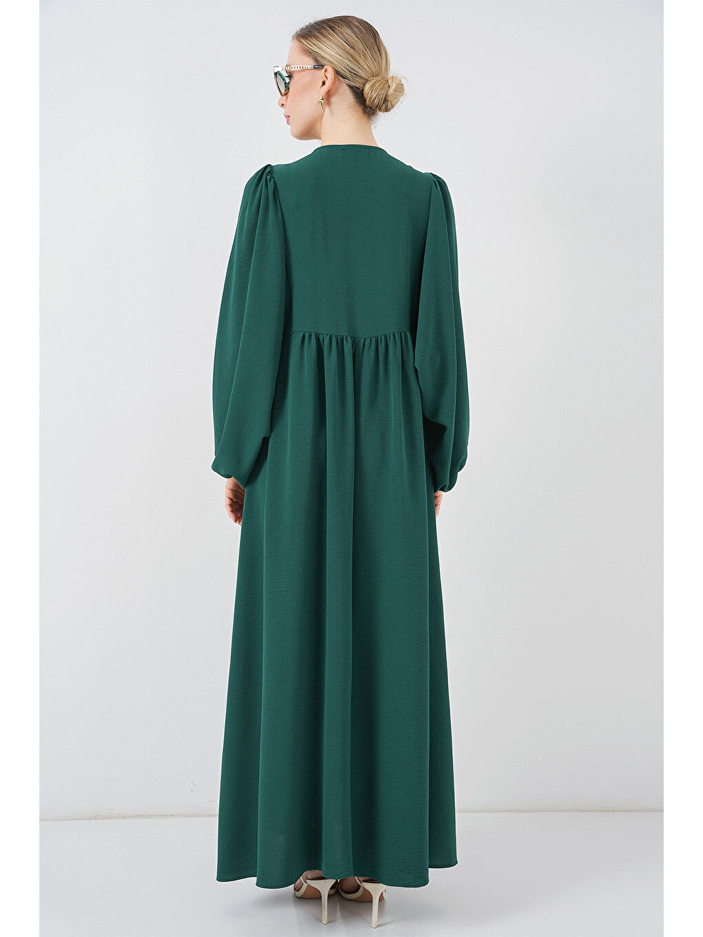 Kadın Balon Kol Uzun Tesettür Elbise 2464 - Zümrüt Yeşili-5