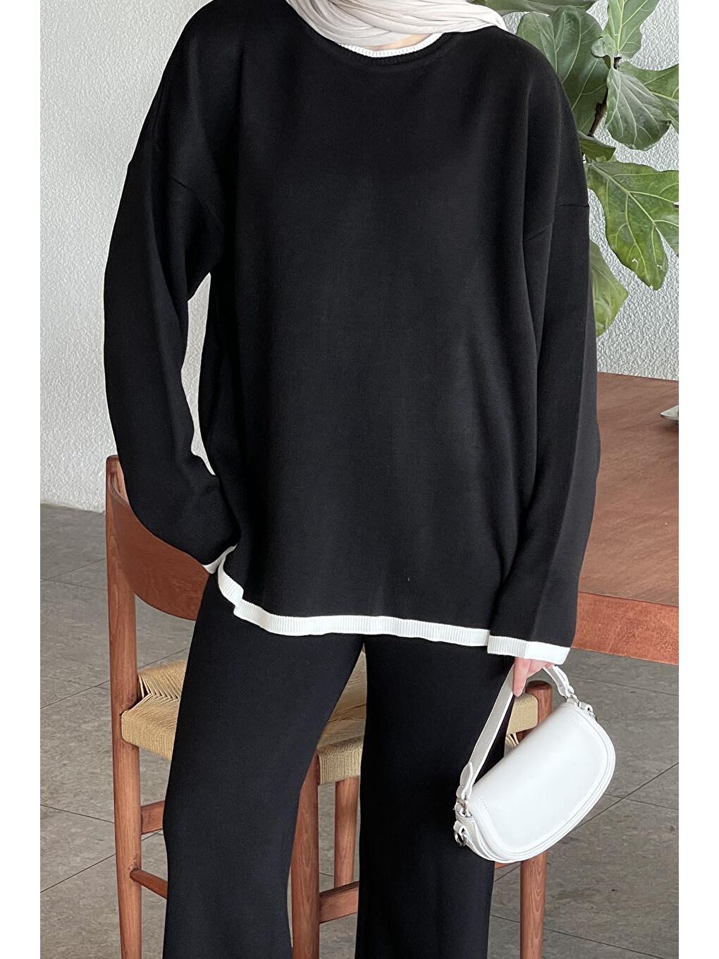 Pantolon Yırtmaçlı Triko Takım Siyah-2