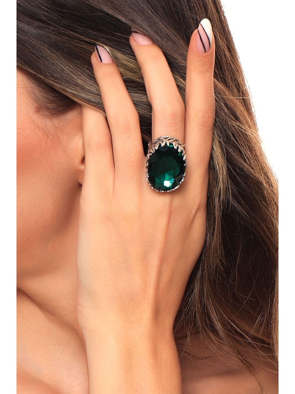 Yeşil Kadın Antik Gümüş Kaplama Kristal Kesme Taş Detaylı Ayarlanabilir Tasarım Yüzük-4