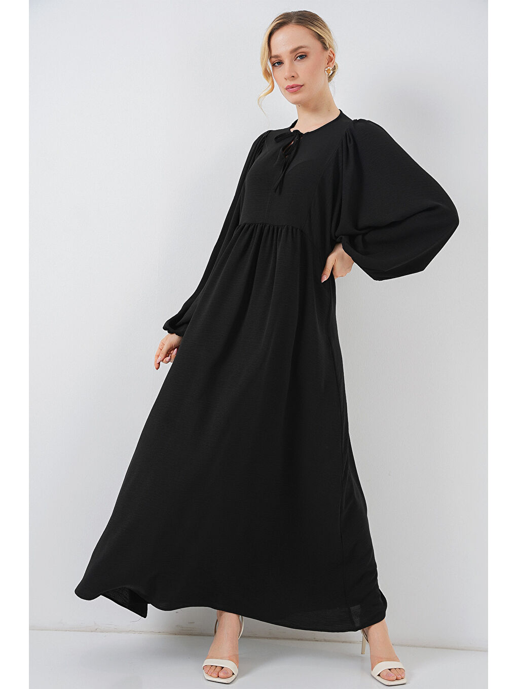 Kadın Balon Kol Uzun Tesettür Elbise 2464 - D. Siyah-1