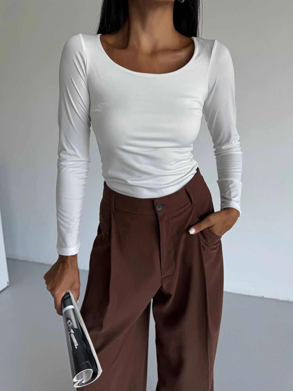 Kadın Beyaz U Yaka Uzun Kollu Sandy Bluz HZL25S-FRY122471-1