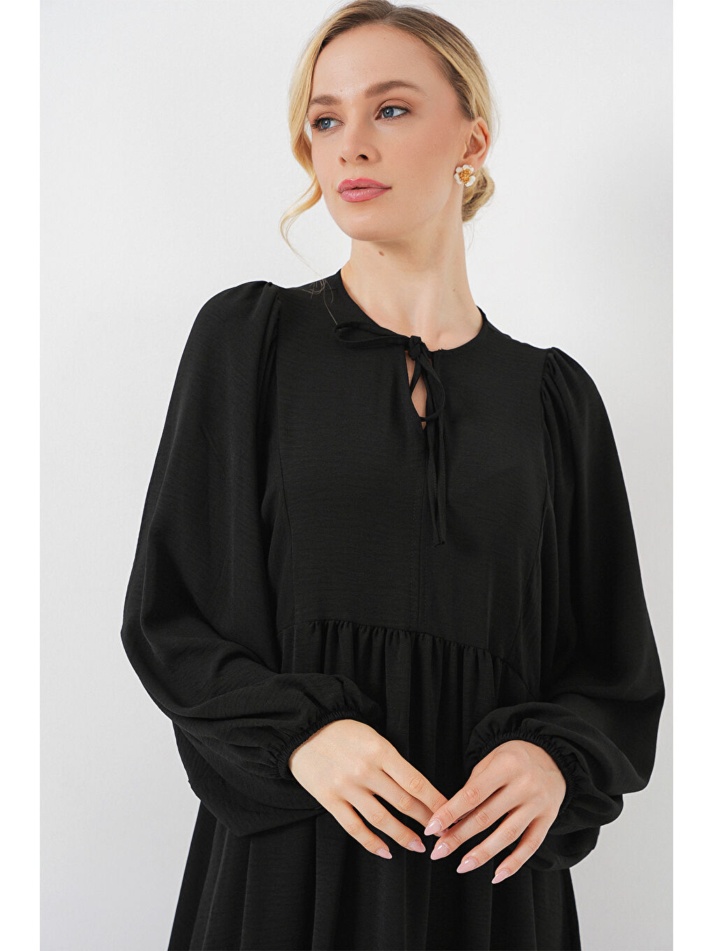 Kadın Balon Kol Uzun Tesettür Elbise 2464 - D. Siyah-3