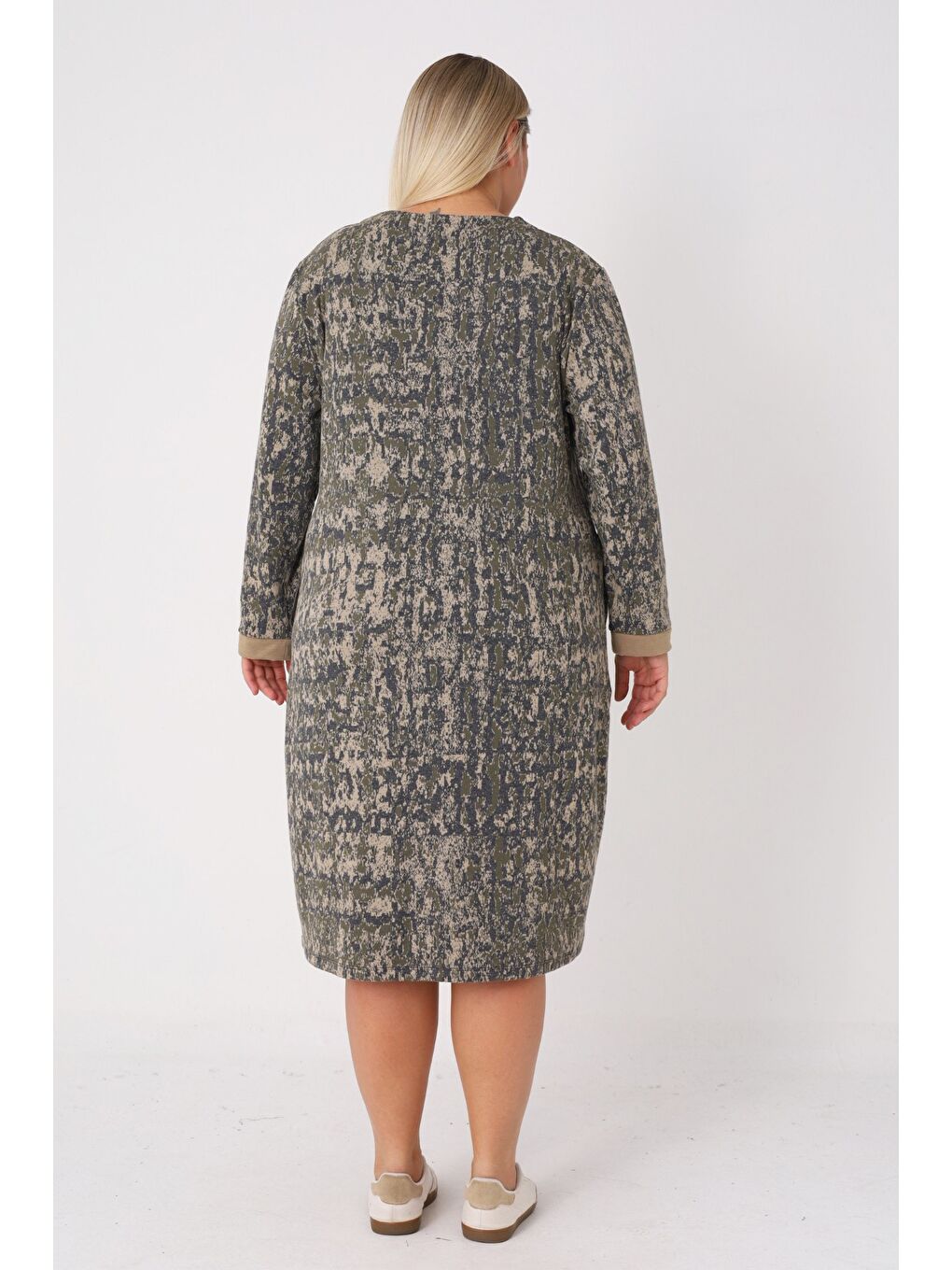 Haki Desenli Düğmeli Cepli Biye Detaylı Jakarlı Kumaş Kadın Büyük Beden Elbise-4