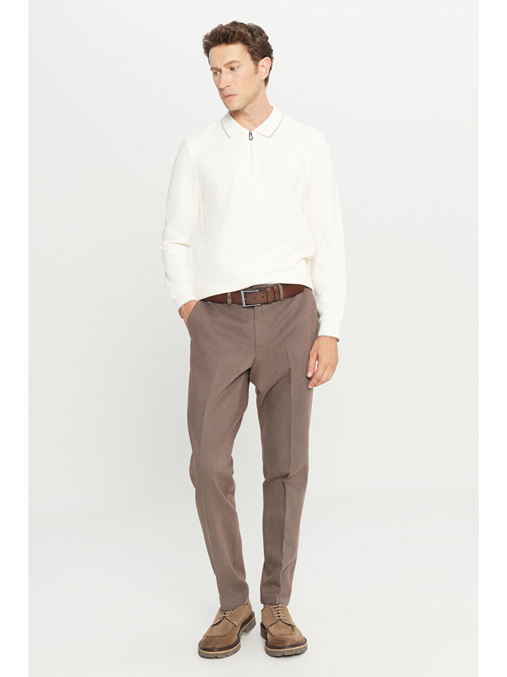 Erkek Kahverengi Pamuklu Regular Fit Normal Kesim Diagonal Desenli Yan Cepli Casual Pantolon-2