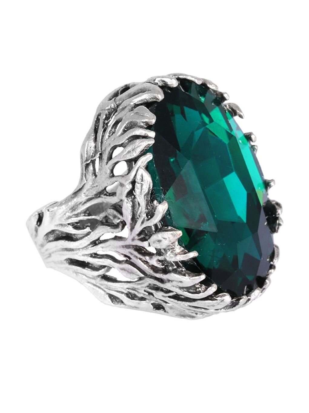 Yeşil Kadın Antik Gümüş Kaplama Kristal Kesme Taş Detaylı Ayarlanabilir Tasarım Yüzük-1