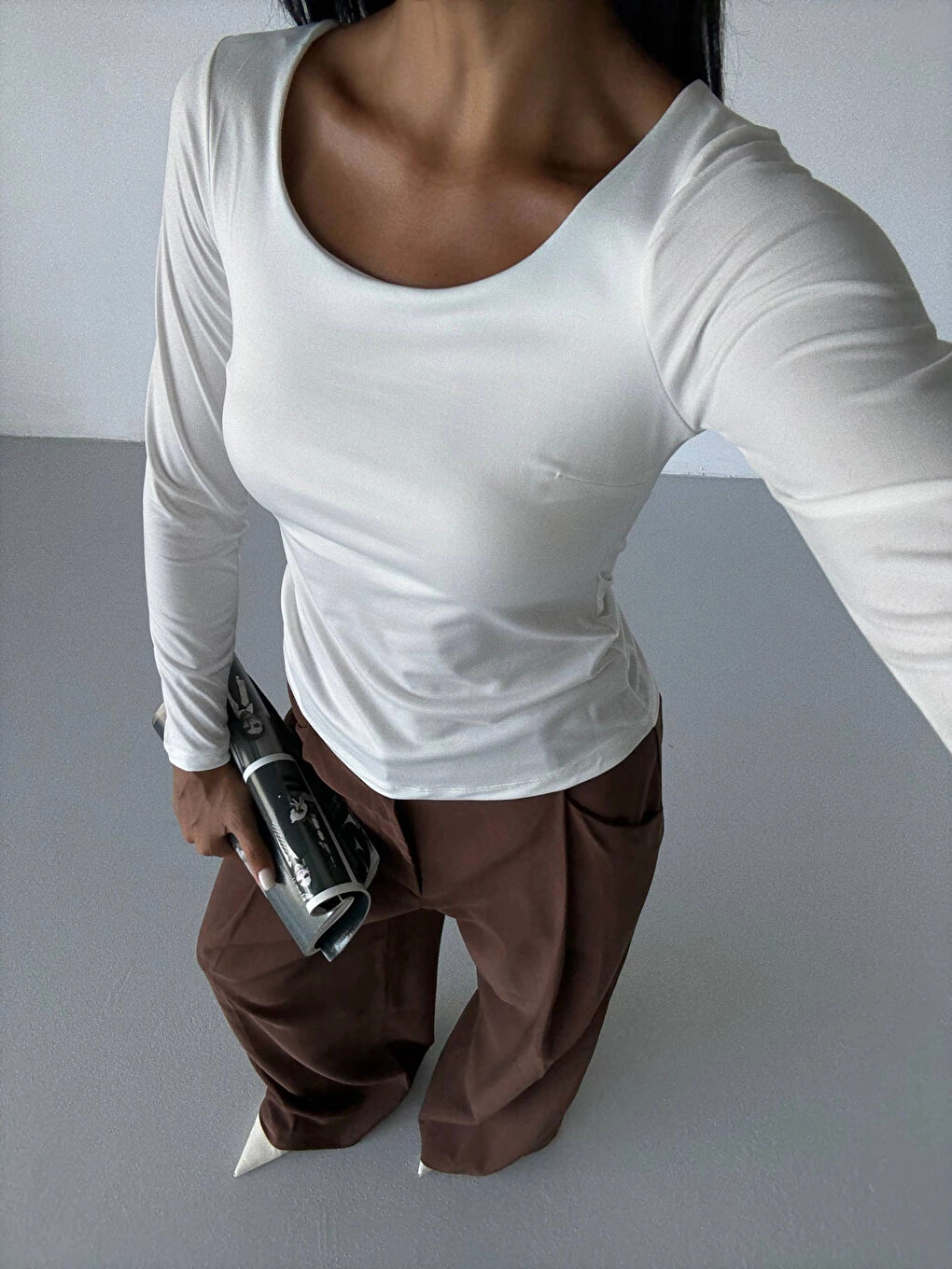 Kadın Beyaz U Yaka Uzun Kollu Sandy Bluz HZL25S-FRY122471-2