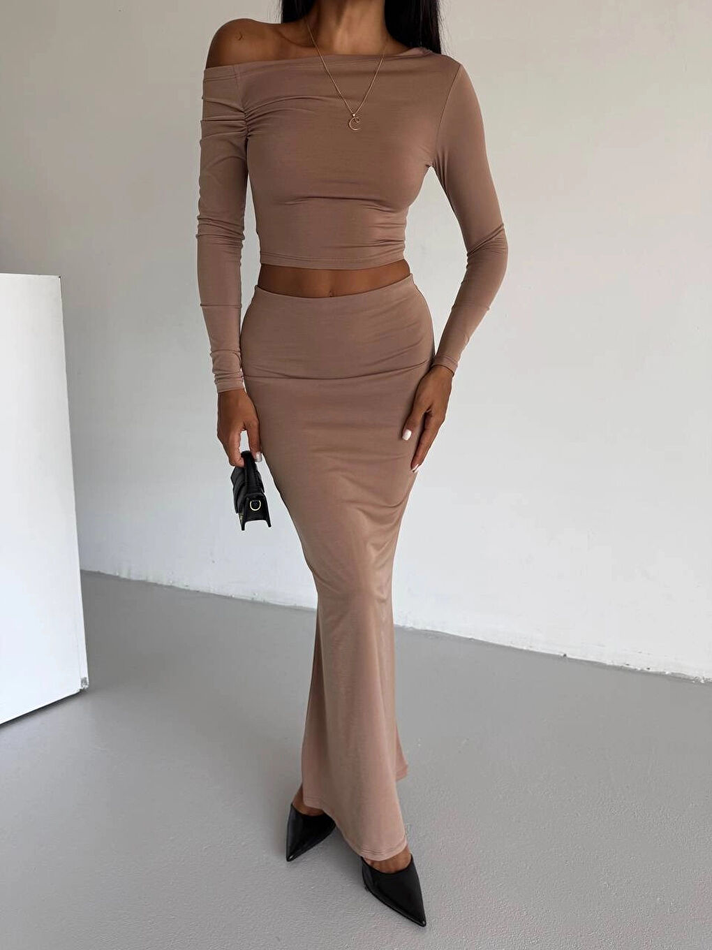 Kadın Bej Tek Omuz Drapeli Sandy Kumaş İkili Takım HZL25W-FRY122511-1
