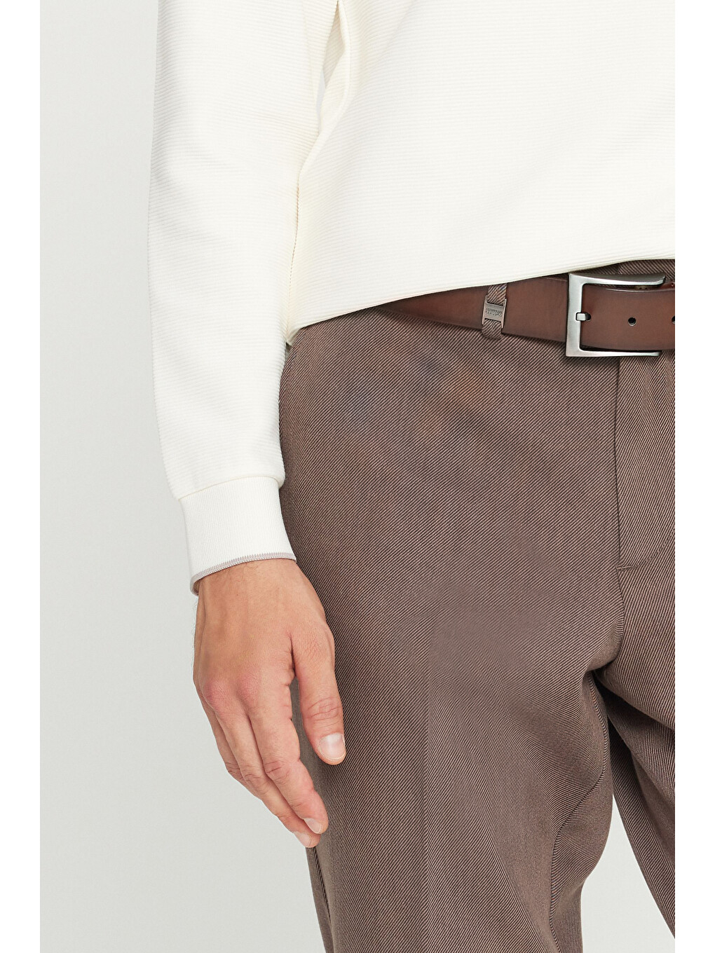 Erkek Kahverengi Pamuklu Regular Fit Normal Kesim Diagonal Desenli Yan Cepli Casual Pantolon-3