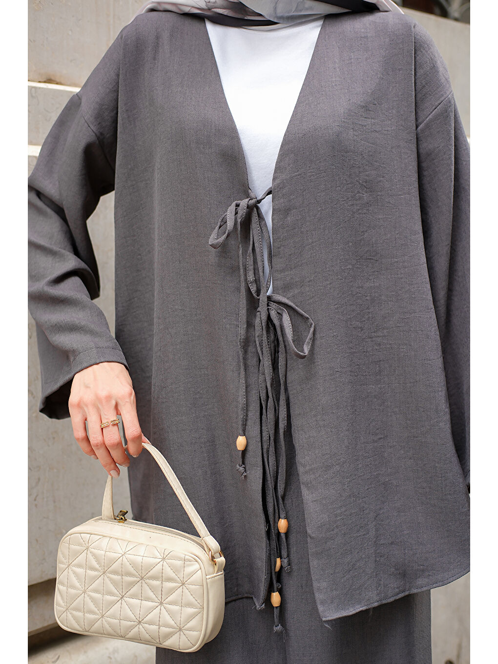 Kadın Ön Bağlama Detaylı Takım Antrasit-4