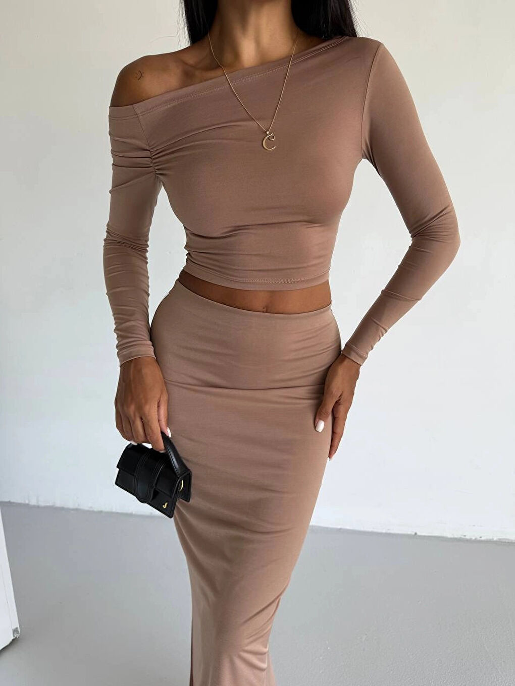 Kadın Bej Tek Omuz Drapeli Sandy Kumaş İkili Takım HZL25W-FRY122511-2