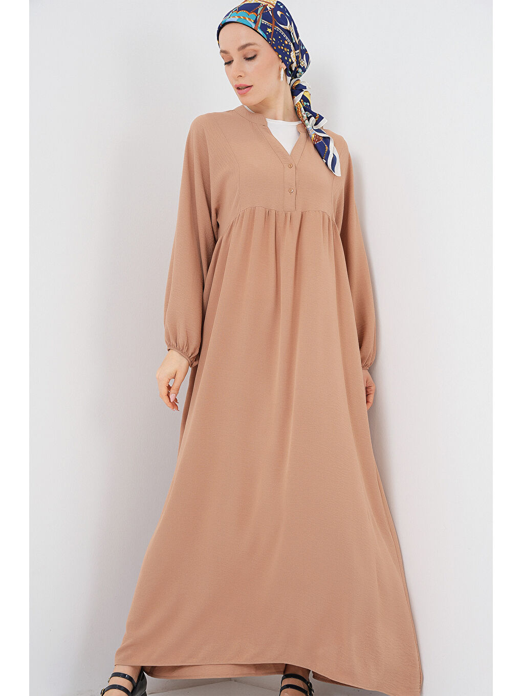 Bej Kadın Uzun Tesettür Elbise 2525 - Bisküvi-1