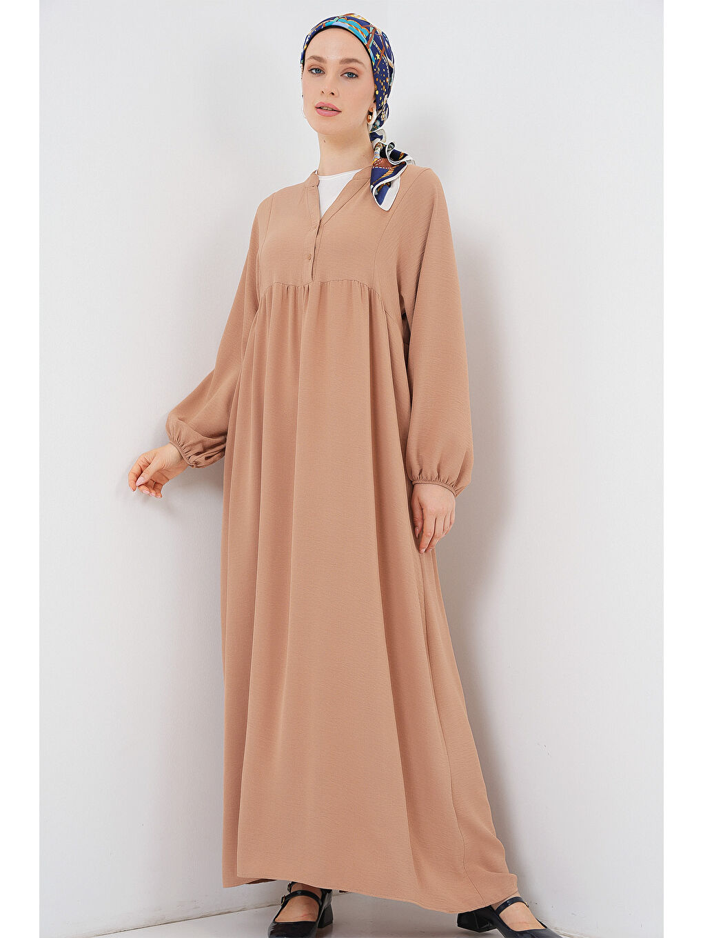 Bej Kadın Uzun Tesettür Elbise 2525 - Bisküvi-2
