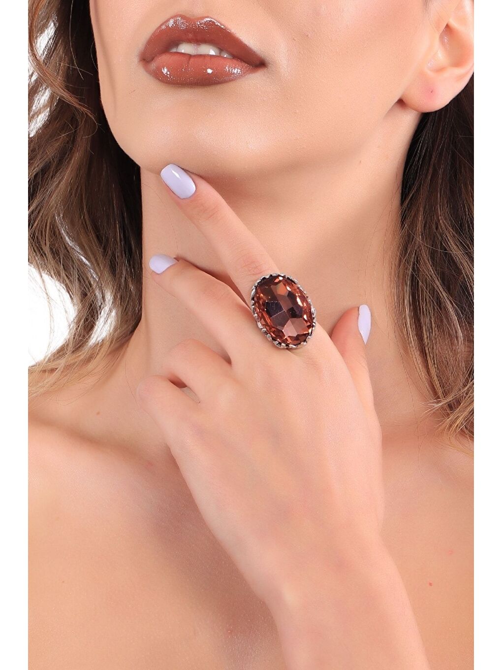 Kahverengi Kadın Antik Gümüş Kaplama Kristal Kesme Taş Detaylı Ayarlanabilir Tasarım Yüzük-4