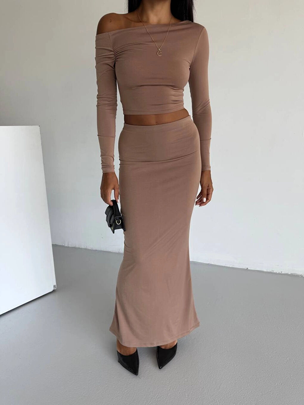 Kadın Bej Tek Omuz Drapeli Sandy Kumaş İkili Takım HZL25W-FRY122511-3