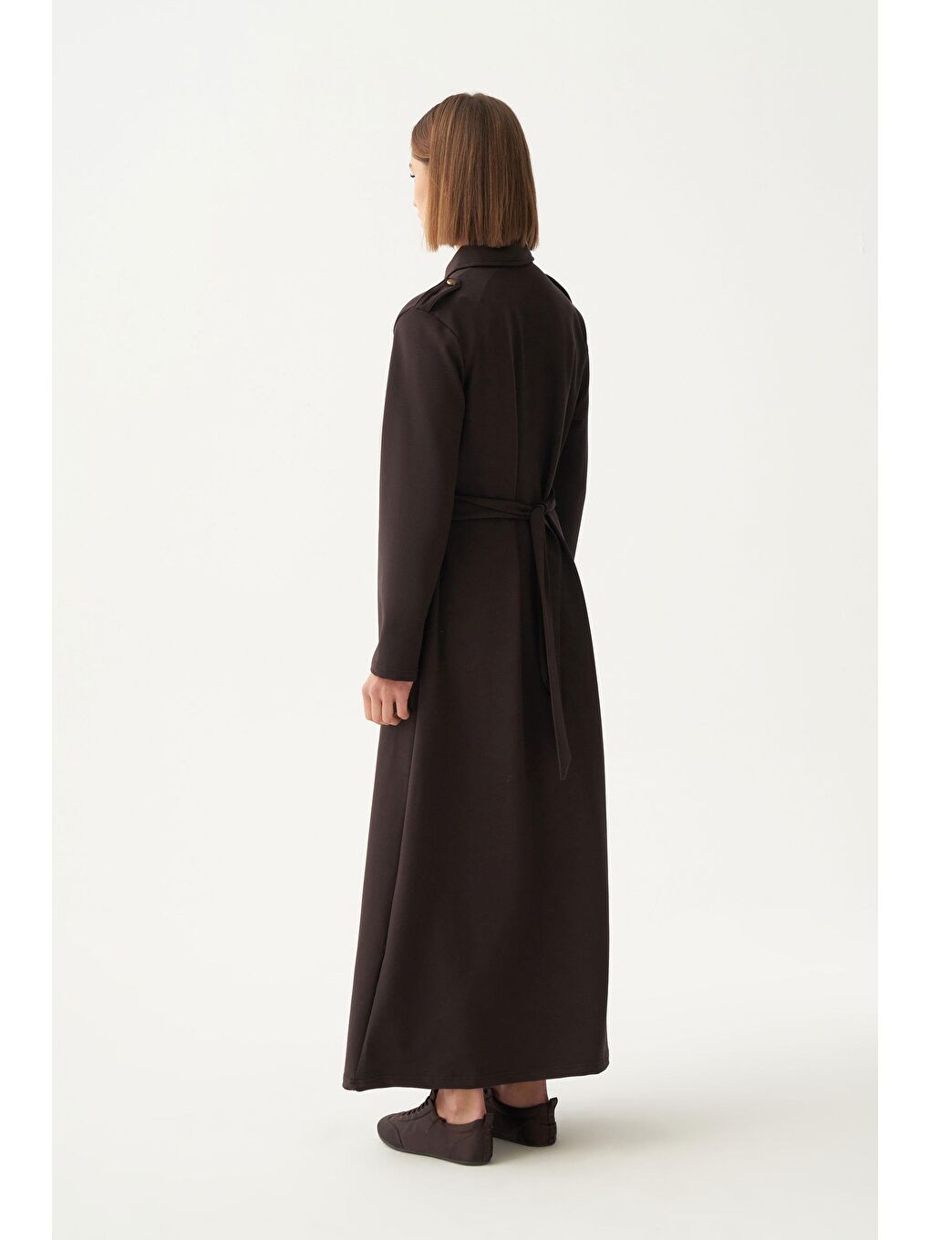 Kahverengi Acı Kahve-Pamuklu Gömlek Yaka Apoletli Elbise-2