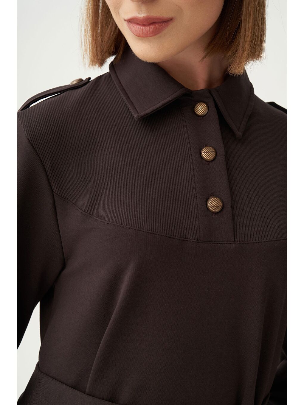 Kahverengi Acı Kahve-Pamuklu Gömlek Yaka Apoletli Elbise-3