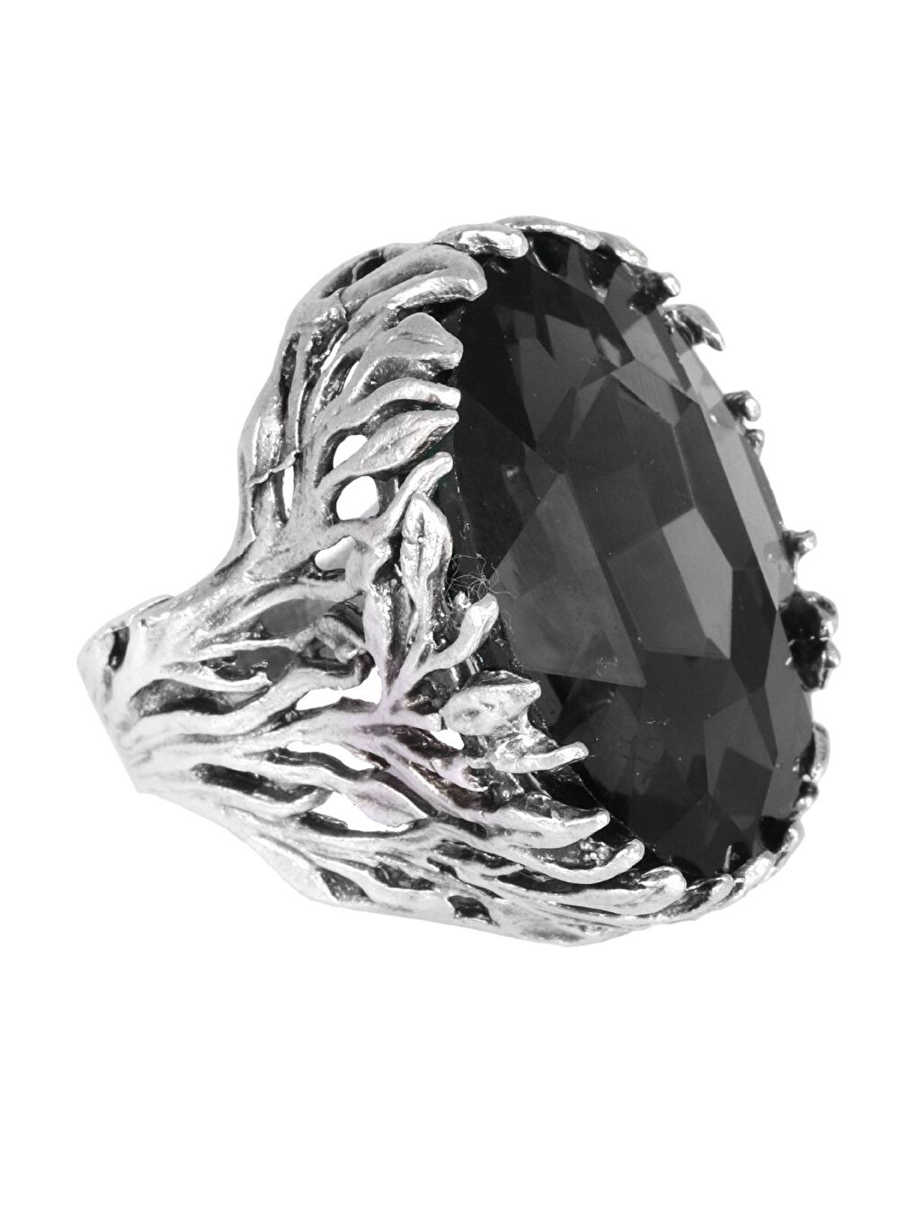 Siyah Kadın Antik Gümüş Kaplama Kristal Kesme Taş Detaylı Ayarlanabilir Tasarım Yüzük-1