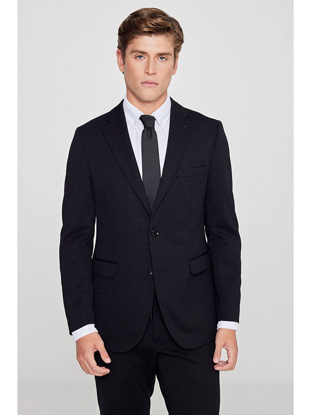 Erkek Siyah Slim Fit Dar Kesim Mono Yaka Beli Bağlamalı Kapak Cepli Esnek Takım Elbise-3