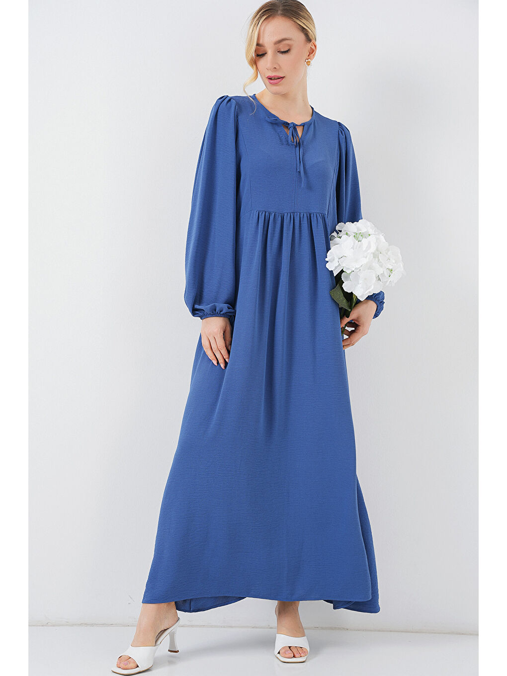 Mavi Kadın Balon Kol Uzun Tesettür Elbise 2464 - Saks